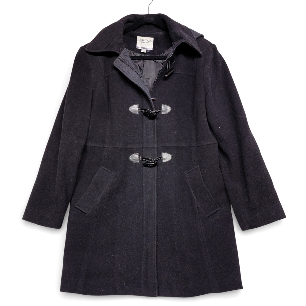 Nautica Women's Dark Gray Wool Blend Duffle Coat‎ Toggle Closure Hooded Size XL